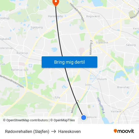 Rødovrehallen (Sløjfen) to Hareskoven map