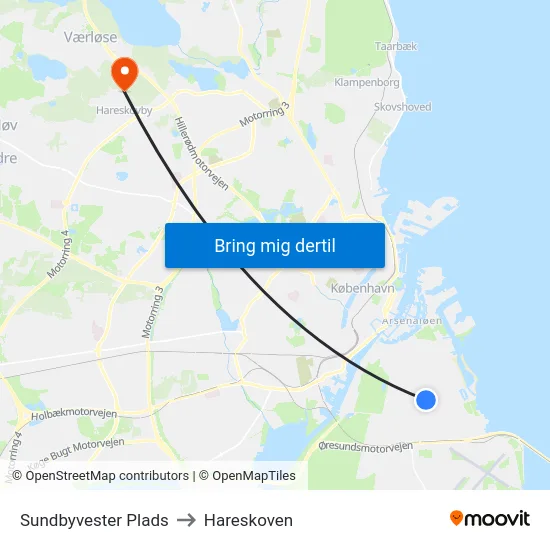 Sundbyvester Plads to Hareskoven map