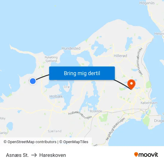 Asnæs St. to Hareskoven map