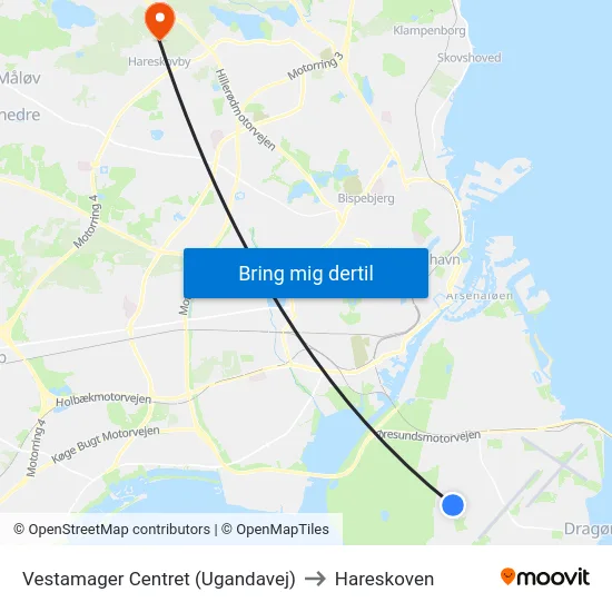 Vestamager Centret (Ugandavej) to Hareskoven map