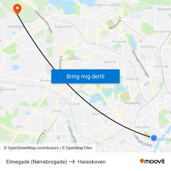 Elmegade (Nørrebrogade) to Hareskoven map