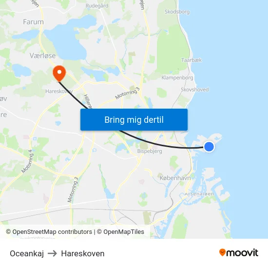 Oceankaj to Hareskoven map