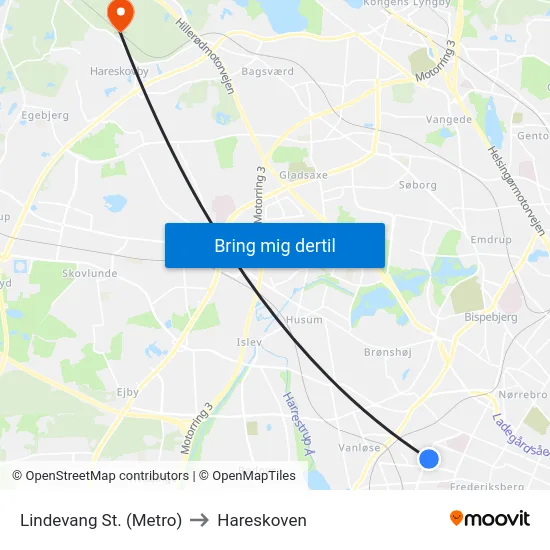 Lindevang St. (Metro) to Hareskoven map