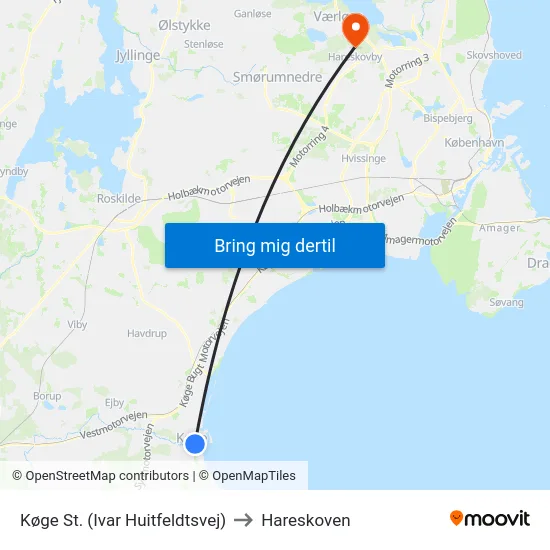 Køge St. (Ivar Huitfeldtsvej) to Hareskoven map
