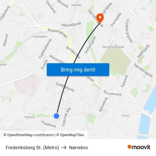 Frederiksberg St. (Metro) to Nørrebro map