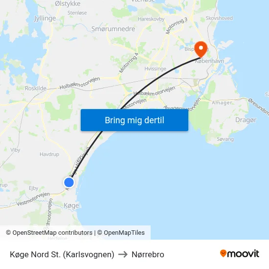 Køge Nord St. (Karlsvognen) to Nørrebro map