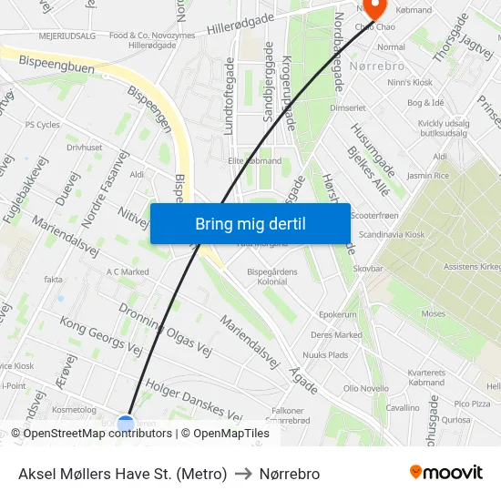 Aksel Møllers Have St. (Metro) to Nørrebro map