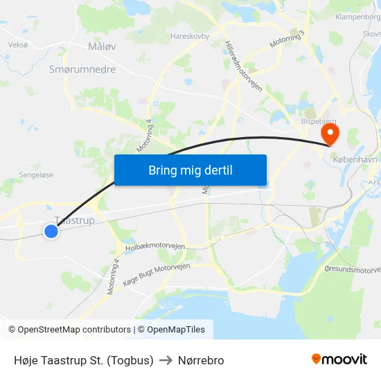 Høje Taastrup St. (Togbus) to Nørrebro map