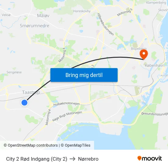 City 2 Rød Indgang (City 2) to Nørrebro map