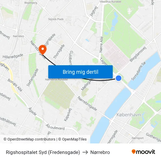 Rigshospitalet Syd (Fredensgade) to Nørrebro map