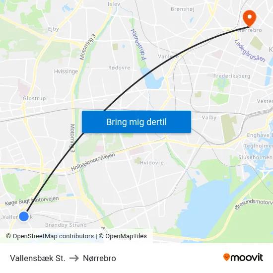 Vallensbæk St. to Nørrebro map