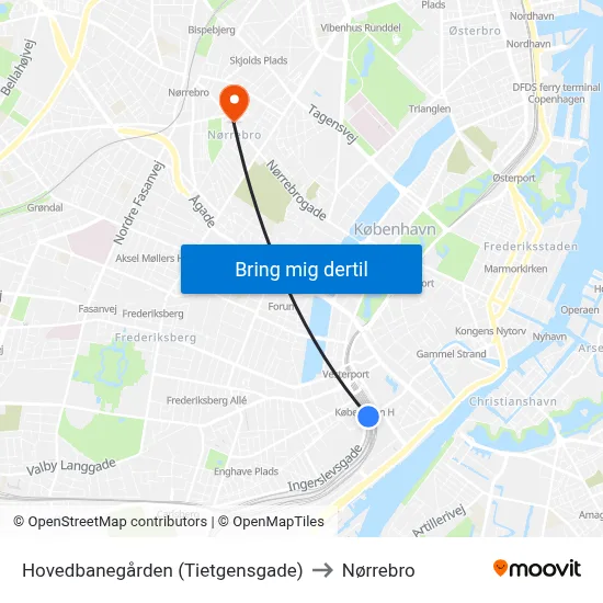 Hovedbanegården (Tietgensgade) to Nørrebro map