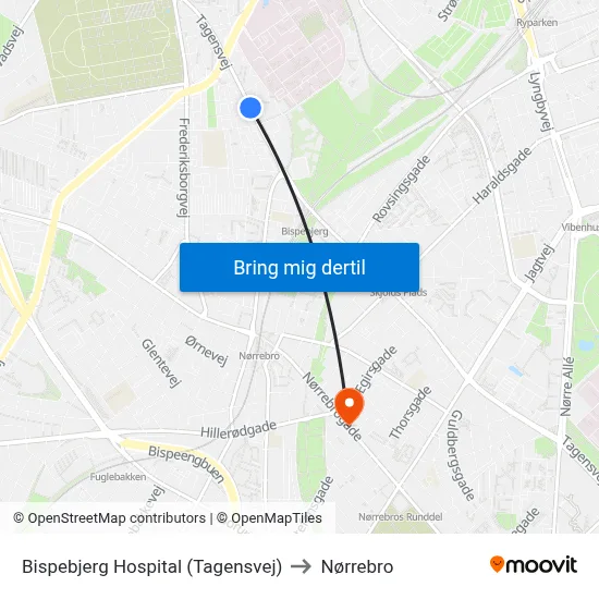 Bispebjerg Hospital (Tagensvej) to Nørrebro map