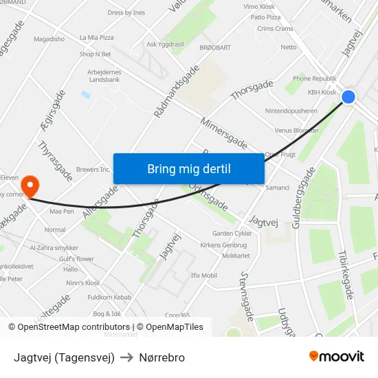 Jagtvej (Tagensvej) to Nørrebro map