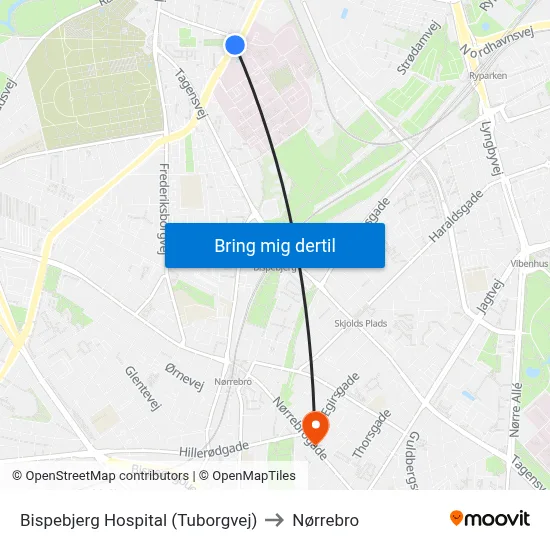 Bispebjerg Hospital (Tuborgvej) to Nørrebro map