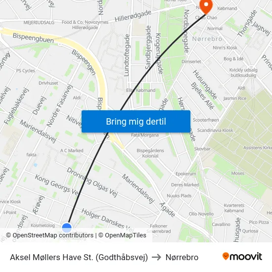 Aksel Møllers Have St. (Godthåbsvej) to Nørrebro map