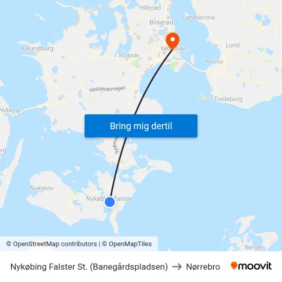 Nykøbing Falster St. (Banegårdspladsen) to Nørrebro map