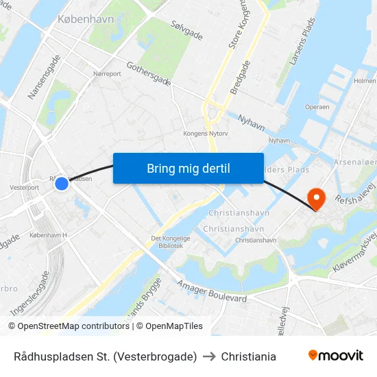 Rådhuspladsen St. (Vesterbrogade) to Christiania map