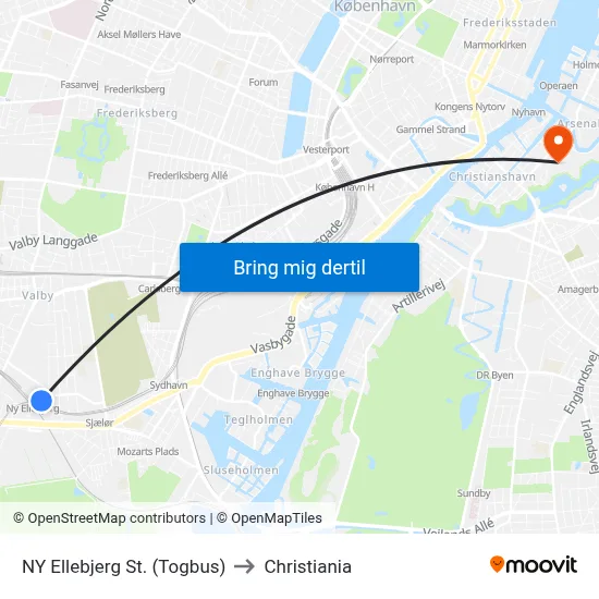 NY Ellebjerg St. (Togbus) to Christiania map