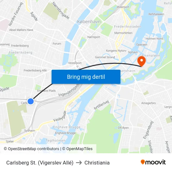 Carlsberg St. (Vigerslev Allé) to Christiania map