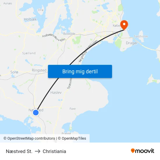 Næstved St. to Christiania map