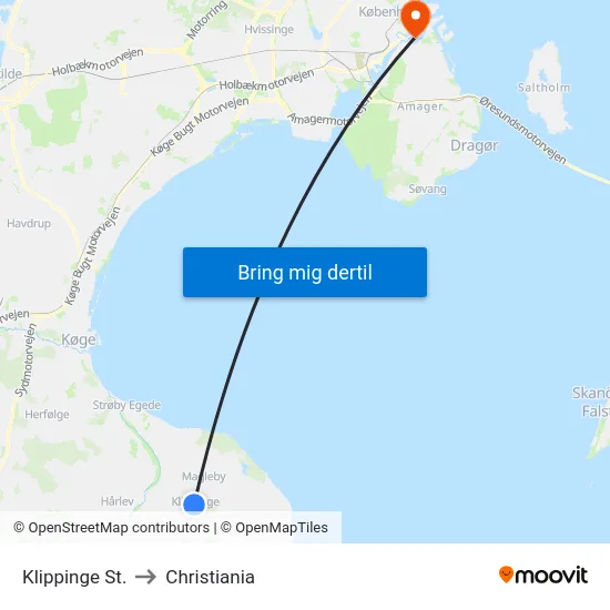 Klippinge St. to Christiania map