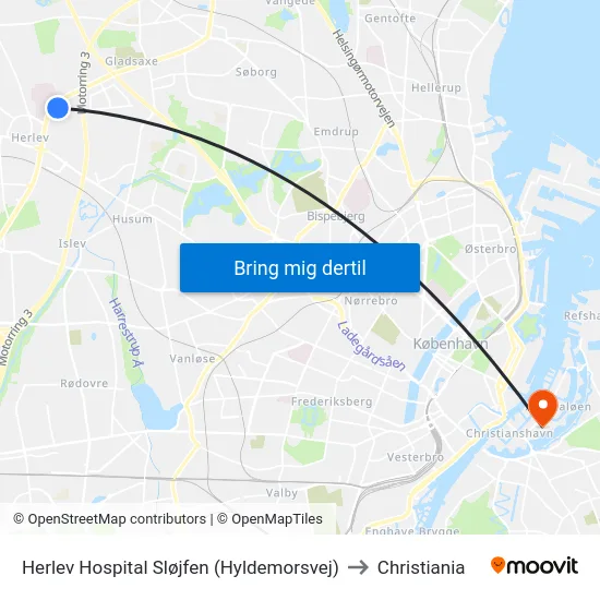 Herlev Hospital Sløjfen (Hyldemorsvej) to Christiania map