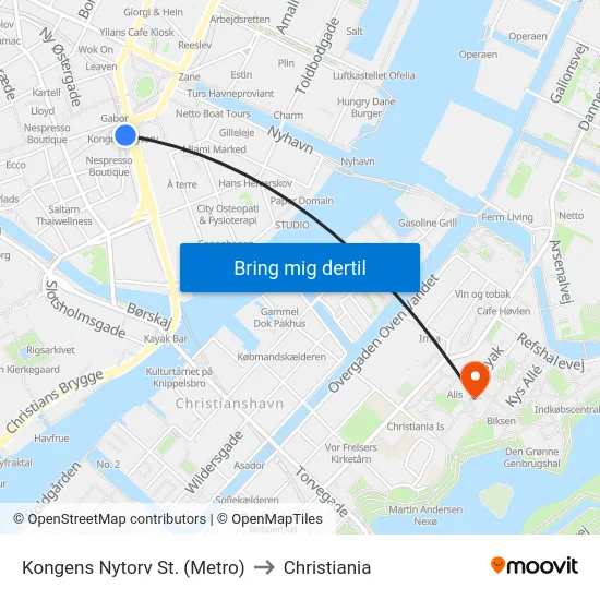 Kongens Nytorv St. (Metro) to Christiania map