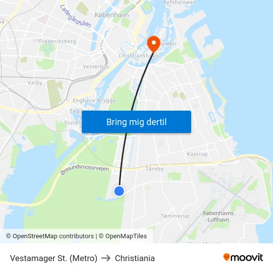 Vestamager St. (Metro) to Christiania map