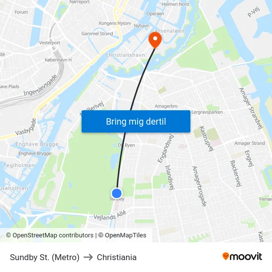 Sundby St. (Metro) to Christiania map