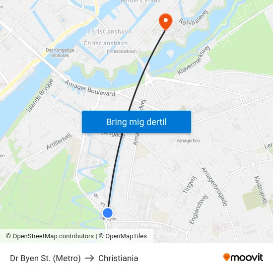 Dr Byen St. (Metro) to Christiania map