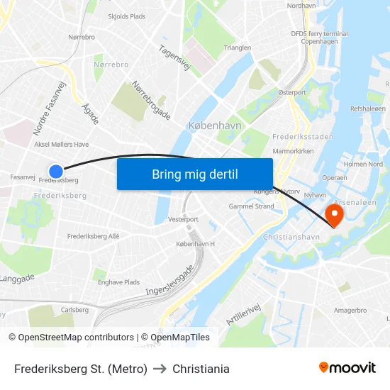 Frederiksberg St. (Metro) to Christiania map