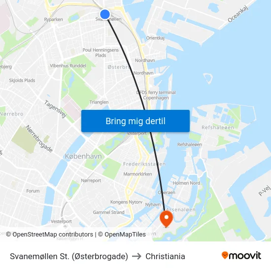 Svanemøllen St. (Østerbrogade) to Christiania map