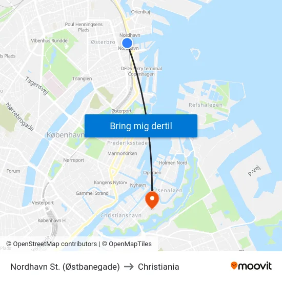 Nordhavn St. (Østbanegade) to Christiania map