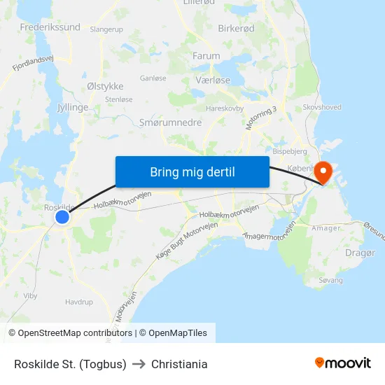 Roskilde St. (Togbus) to Christiania map