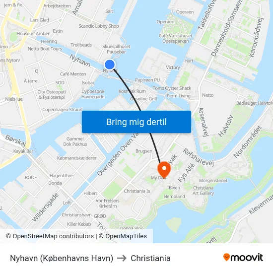Nyhavn (Københavns Havn) to Christiania map