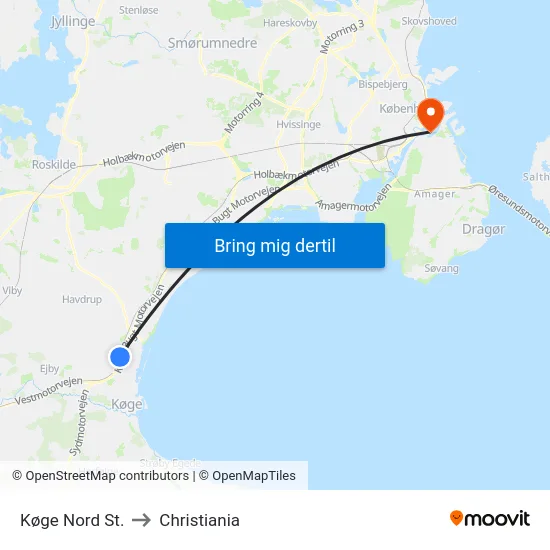 Køge Nord St. to Christiania map
