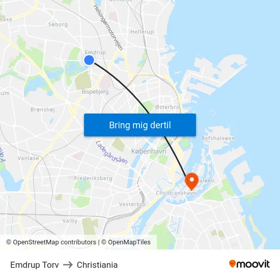 Emdrup Torv to Christiania map