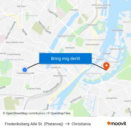 Frederiksberg Allé St. (Platanvej) to Christiania map