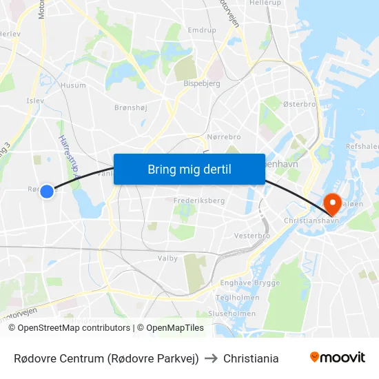 Rødovre Centrum (Rødovre Parkvej) to Christiania map