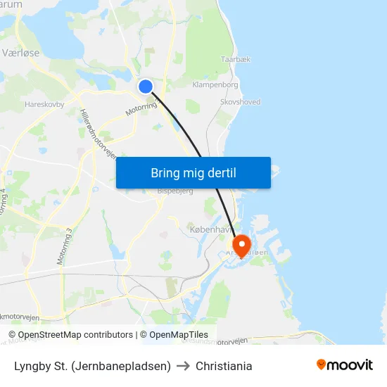 Lyngby St. (Jernbanepladsen) to Christiania map