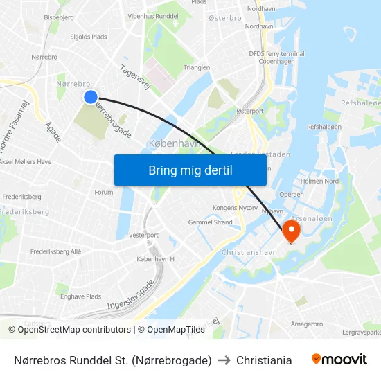 Nørrebros Runddel St. (Nørrebrogade) to Christiania map