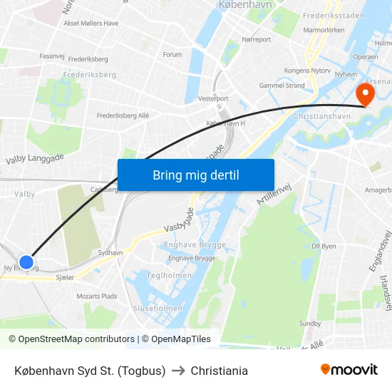 København Syd St. (Togbus) to Christiania map