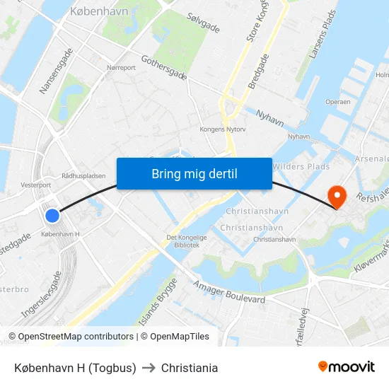 København H (Togbus) to Christiania map