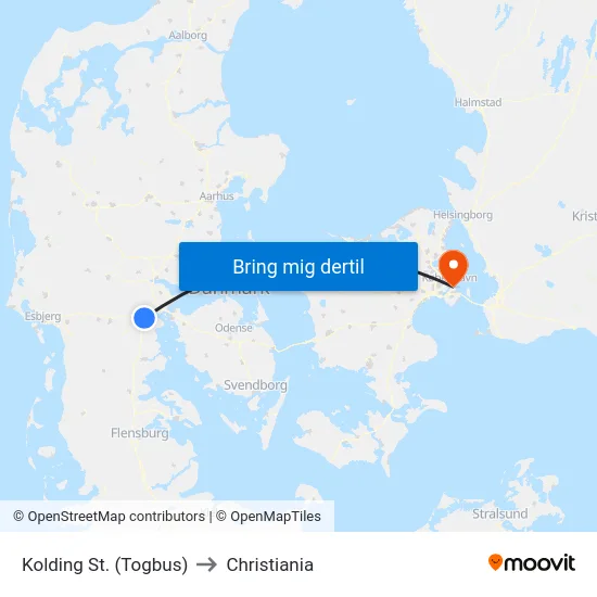 Kolding St. (Togbus) to Christiania map