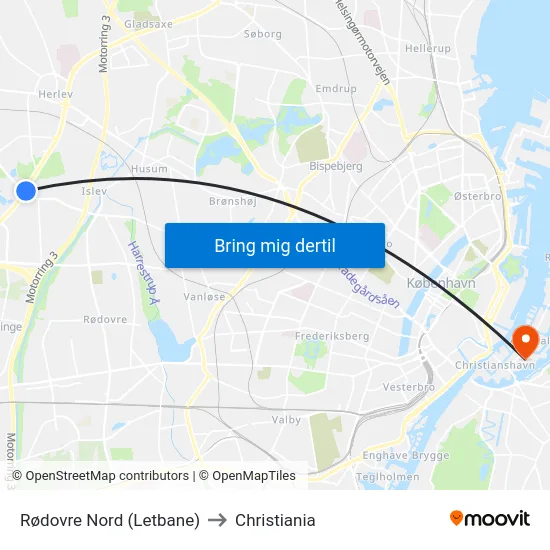 Rødovre Nord (Letbane) to Christiania map