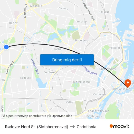 Rødovre Nord St. (Slotsherrensvej) to Christiania map