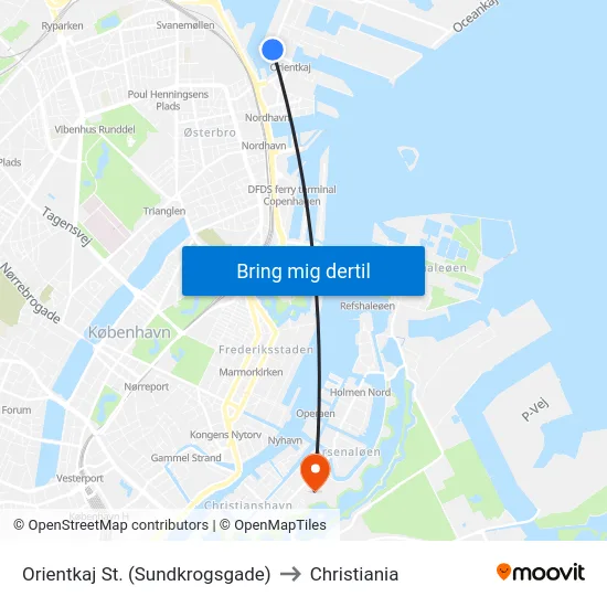 Orientkaj St. (Sundkrogsgade) to Christiania map