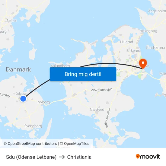 Sdu (Odense Letbane) to Christiania map