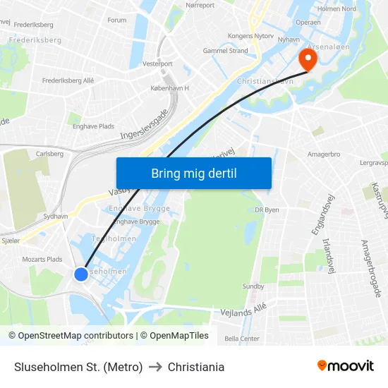Sluseholmen St. (Metro) to Christiania map